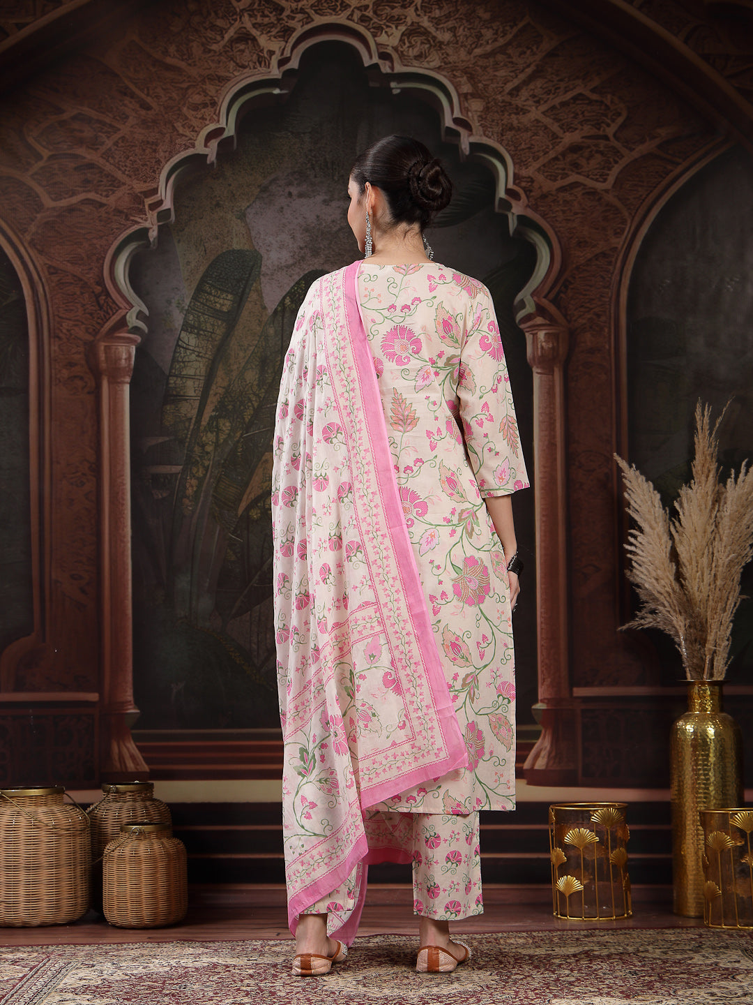 Blush Floral Printed Cotton Straight Kurta Pant Dupatta Set