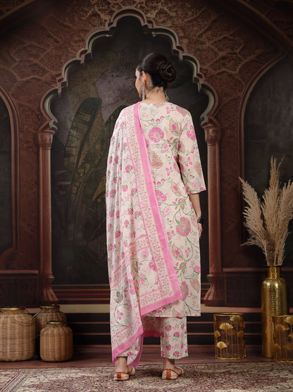 Blush Floral Printed Cotton Straight Kurta Pant Dupatta Set