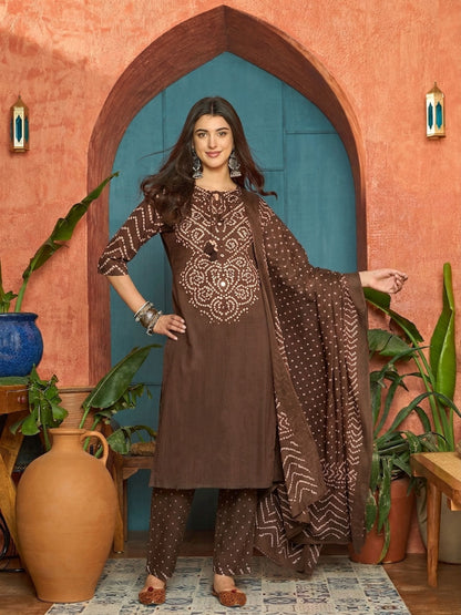 Bandhej Printed Cotton Straight Kurta Pant Dupatta Set