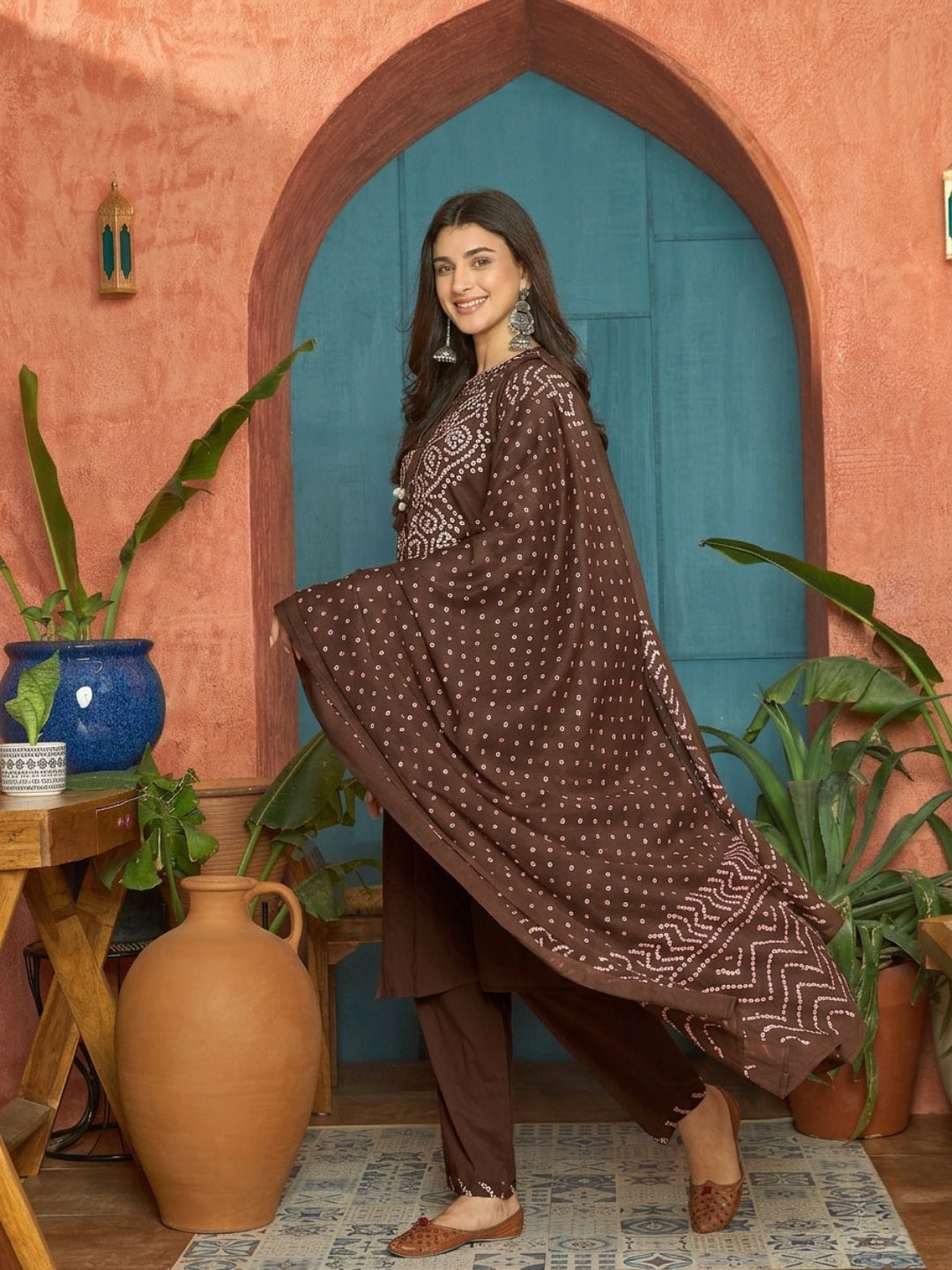 Bandhej Printed Cotton Straight Kurta Pant Dupatta Set