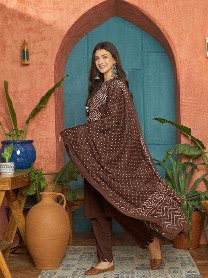 Bandhej Printed Cotton Straight Kurta Pant Dupatta Set
