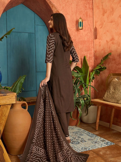 Bandhej Printed Cotton Straight Kurta Pant Dupatta Set