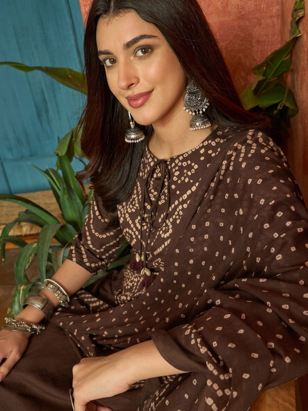Bandhej Printed Cotton Straight Kurta Pant Dupatta Set