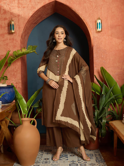 Bandhej Printed Cotton Straight Kurta Pant Dupatta Set