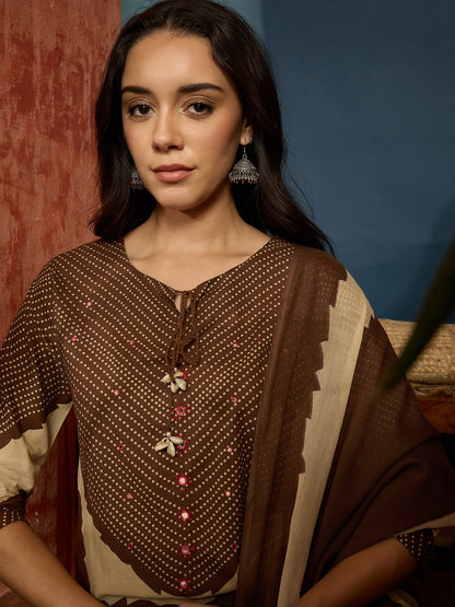 Bandhej Printed Cotton Straight Kurta Pant Dupatta Set