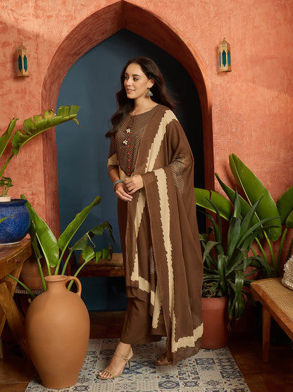 Bandhej Printed Cotton Straight Kurta Pant Dupatta Set