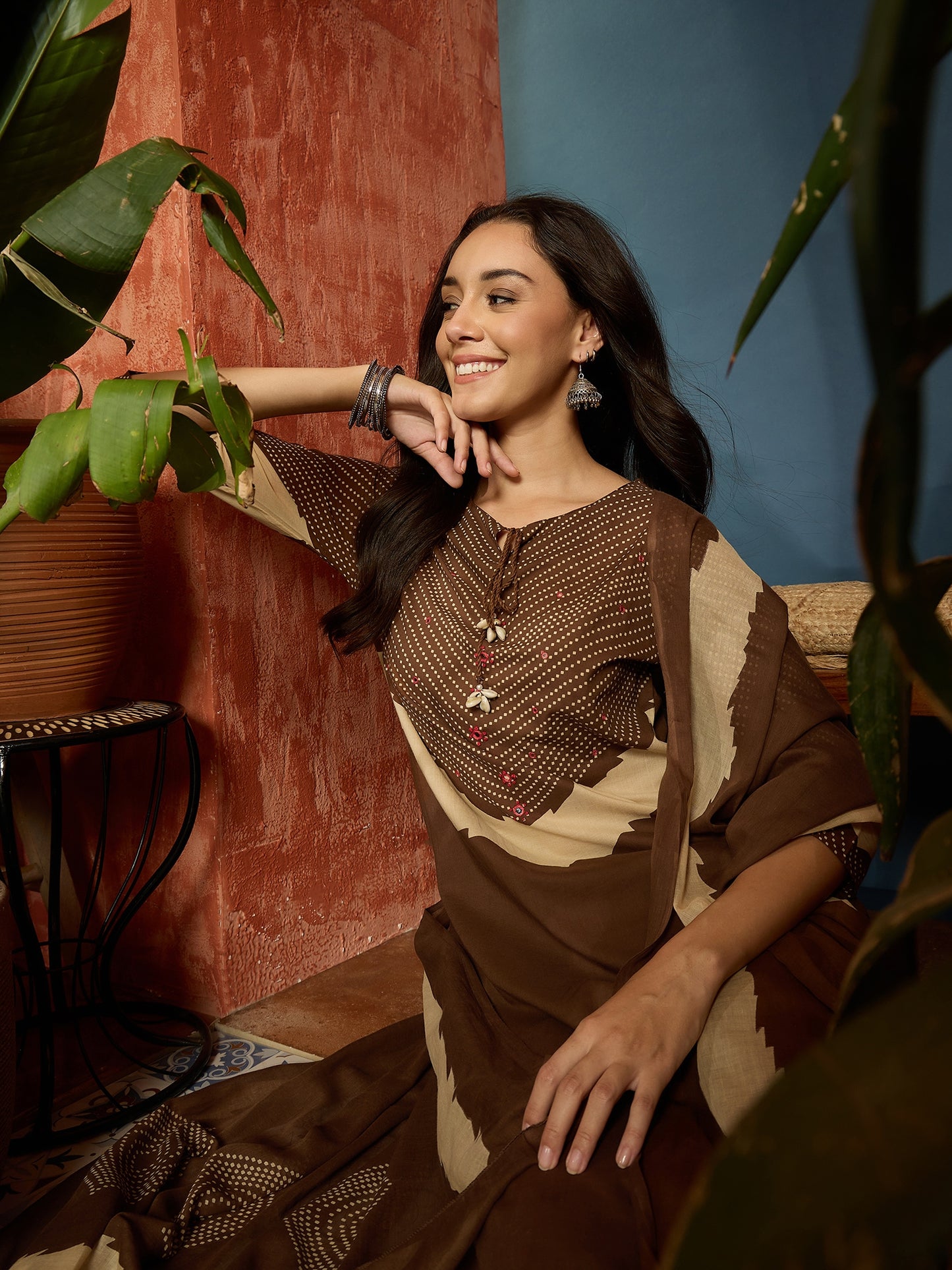 Bandhej Printed Cotton Straight Kurta Pant Dupatta Set