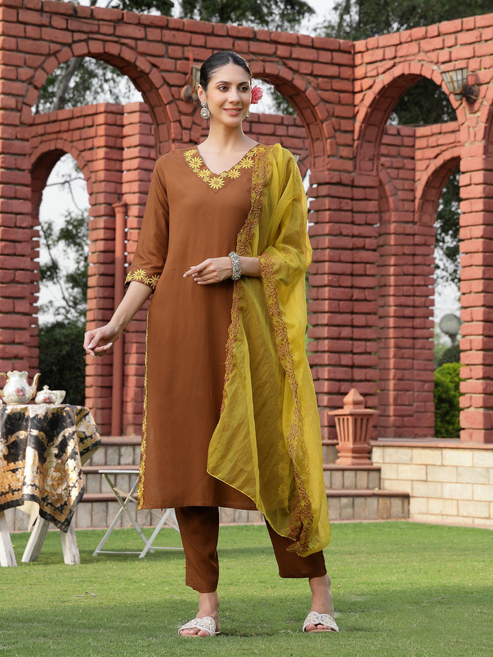 Brown Solid &amp; Embroidered Rayon Straight Kurta Pant Dupatta Set