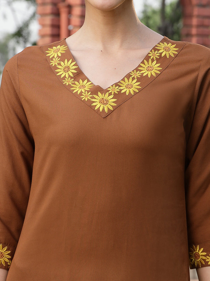 Brown Solid &amp; Embroidered Rayon Straight Kurta Pant Dupatta Set