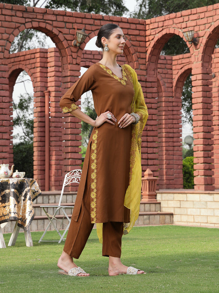 Brown Solid &amp; Embroidered Rayon Straight Kurta Pant Dupatta Set