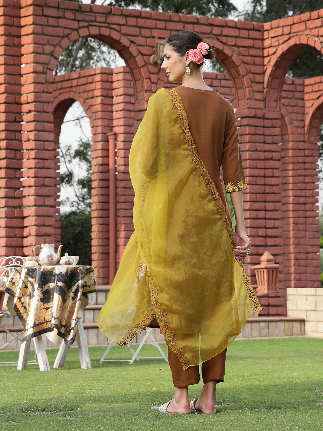 Brown Solid &amp; Embroidered Rayon Straight Kurta Pant Dupatta Set