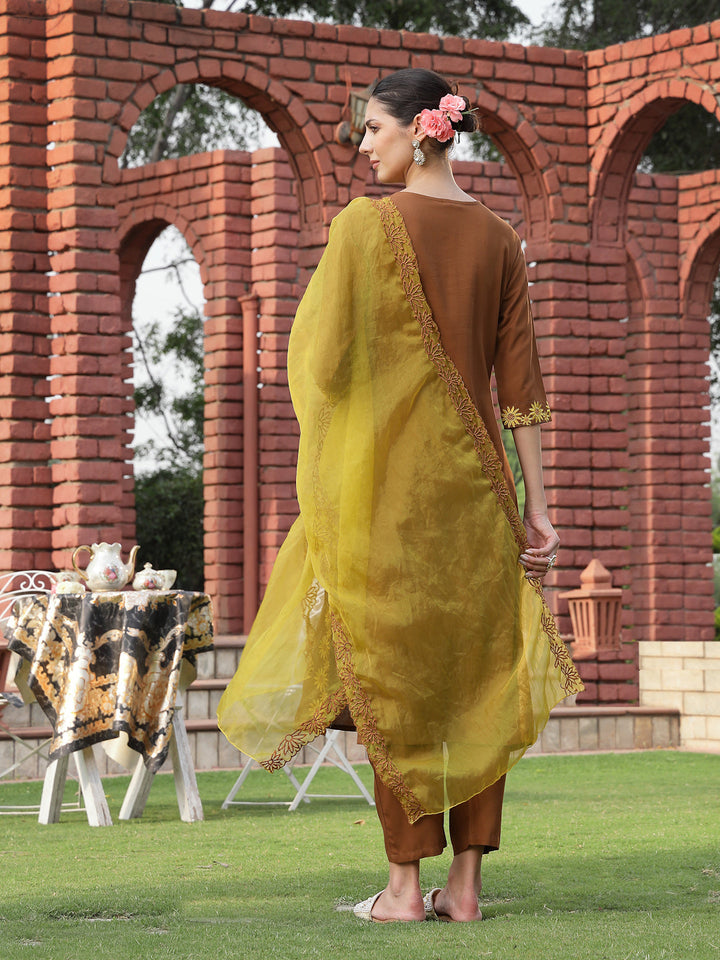 Brown Solid &amp; Embroidered Rayon Straight Kurta Pant Dupatta Set