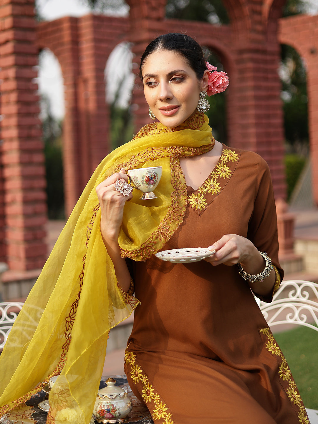 Brown Solid &amp; Embroidered Rayon Straight Kurta Pant Dupatta Set
