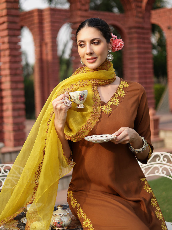 Brown Solid &amp; Embroidered Rayon Straight Kurta Pant Dupatta Set