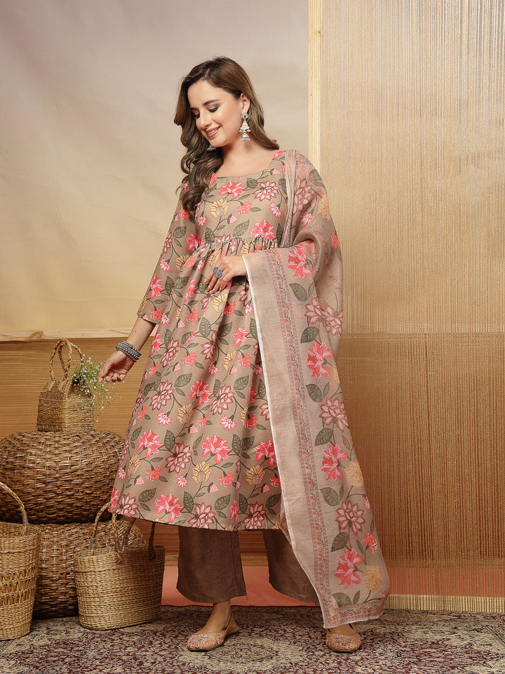 Floral Printed Rayon Anarkali Kurta Pant Dupatta Set