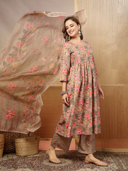Floral Printed Rayon Anarkali Kurta Pant Dupatta Set