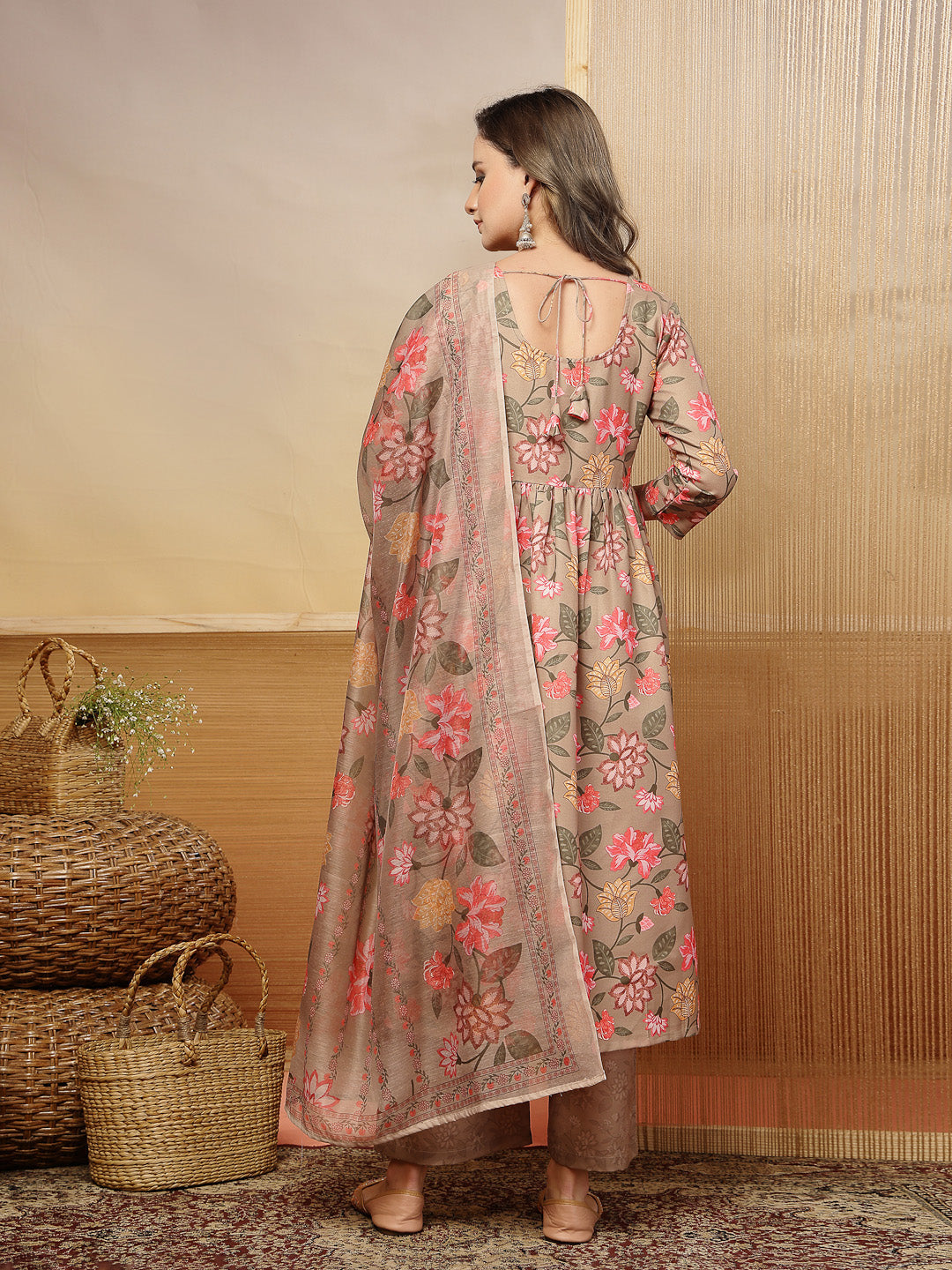Floral Printed Rayon Anarkali Kurta Pant Dupatta Set