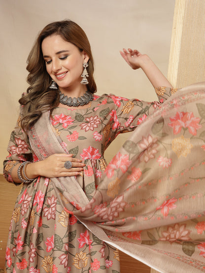 Floral Printed Rayon Anarkali Kurta Pant Dupatta Set