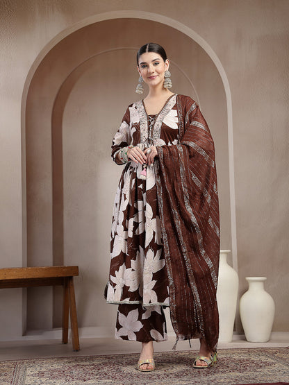 Floral Printed Crepe A-Line Kurta Palazzo Dupatta Set