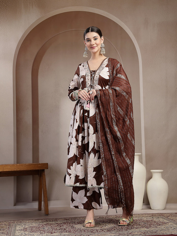 Floral Printed Crepe A-Line Kurta Palazzo Dupatta Set