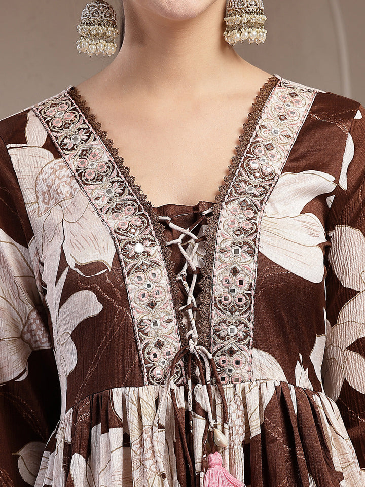 Floral Printed Crepe A-Line Kurta Palazzo Dupatta Set