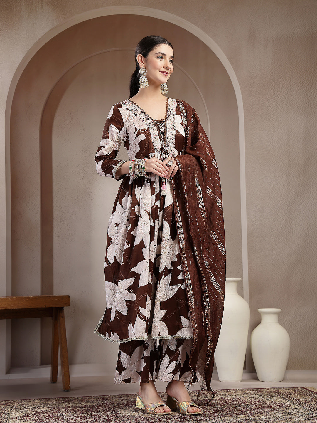 Floral Printed Crepe A-Line Kurta Palazzo Dupatta Set