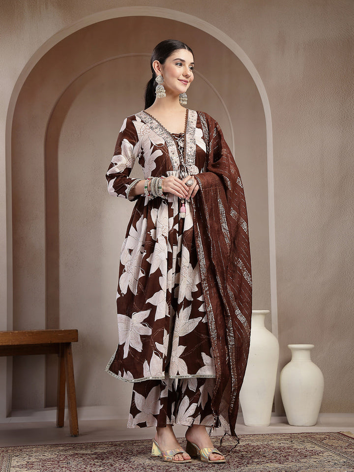 Floral Printed Crepe A-Line Kurta Palazzo Dupatta Set