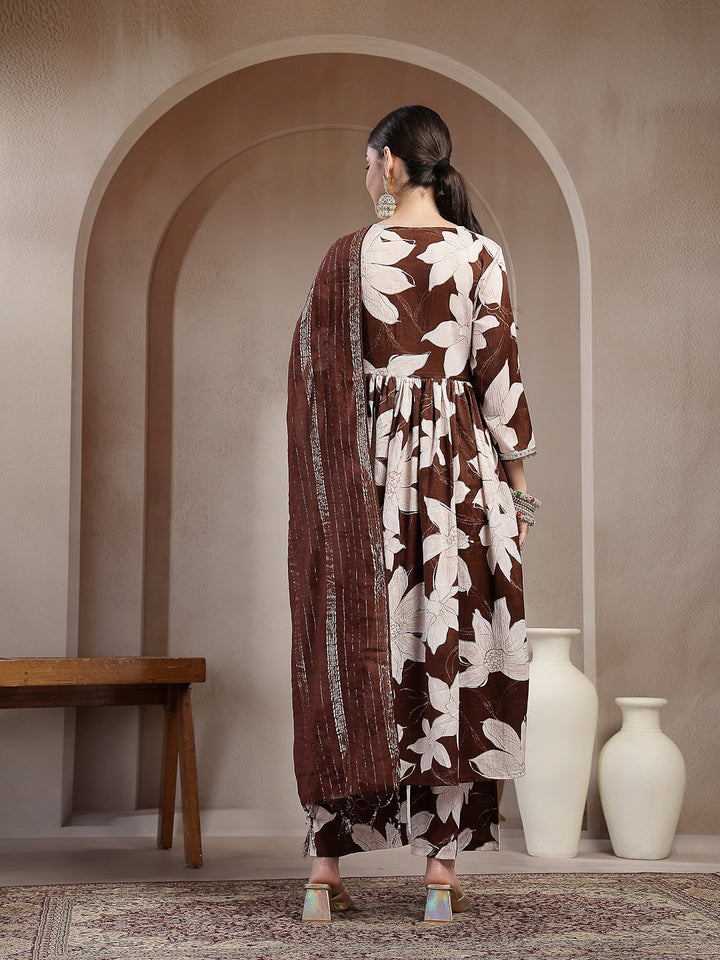 Floral Printed Crepe A-Line Kurta Palazzo Dupatta Set