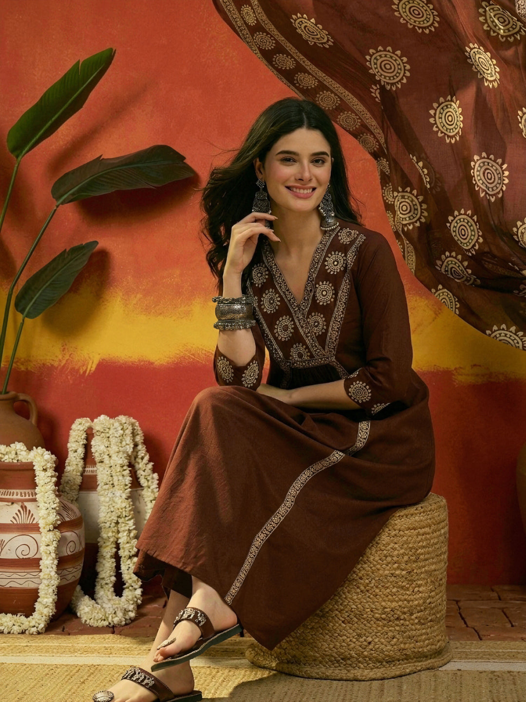 Solid & Embroidered Cotton A-Line Kurta Pant Dupatta Set