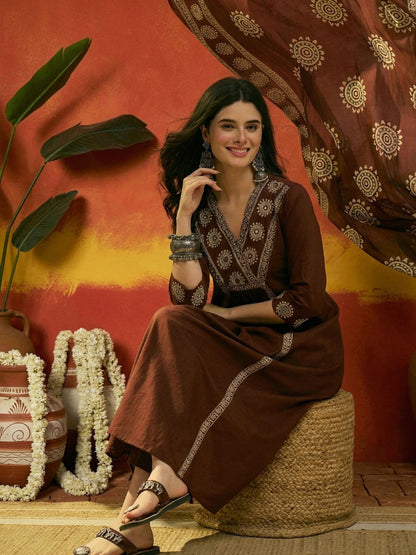 Solid & Embroidered Cotton A-Line Kurta Pant Dupatta Set
