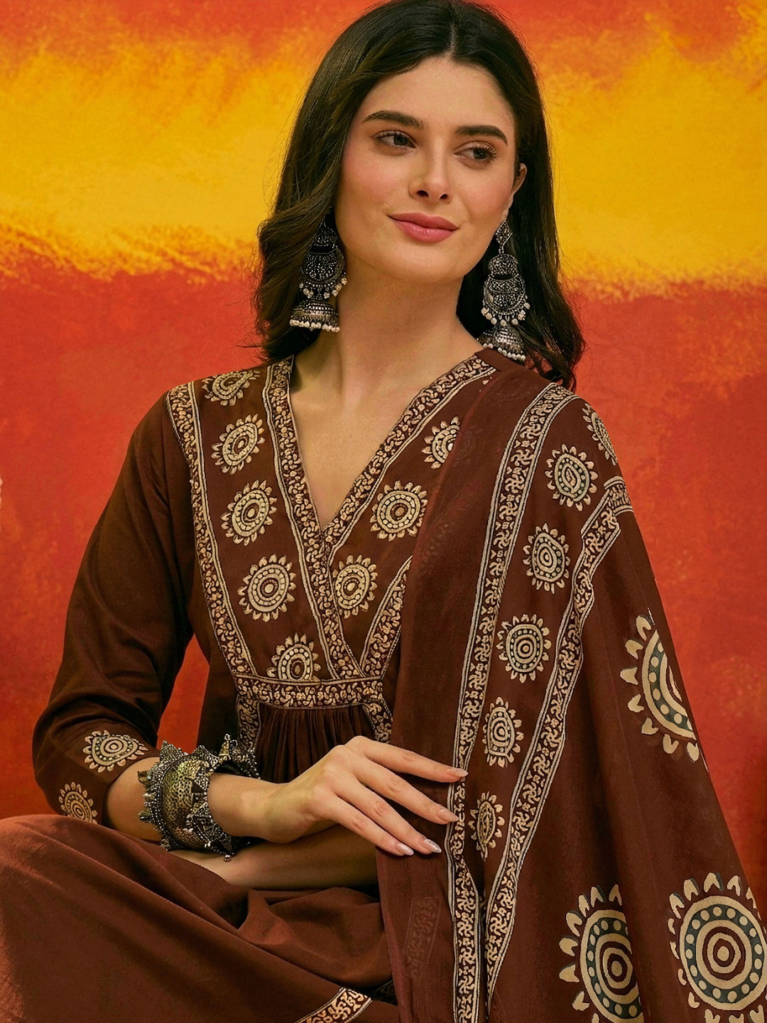 Solid & Embroidered Cotton A-Line Kurta Pant Dupatta Set