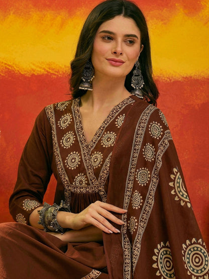 Solid & Embroidered Cotton A-Line Kurta Pant Dupatta Set