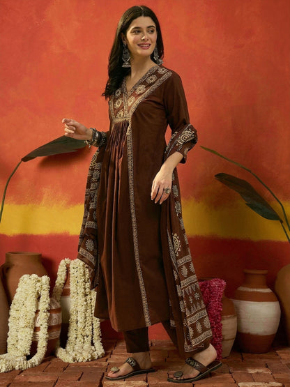 Solid & Embroidered Cotton A-Line Kurta Pant Dupatta Set