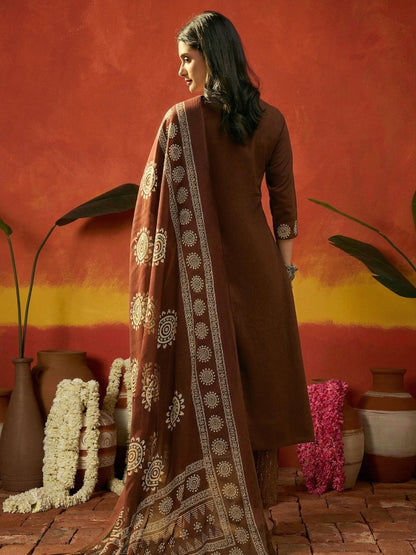 Solid & Embroidered Cotton A-Line Kurta Pant Dupatta Set
