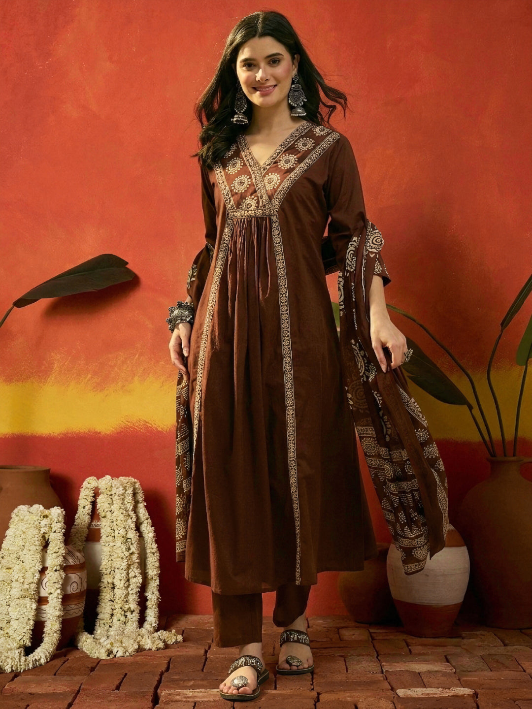 Solid & Embroidered Cotton A-Line Kurta Pant Dupatta Set