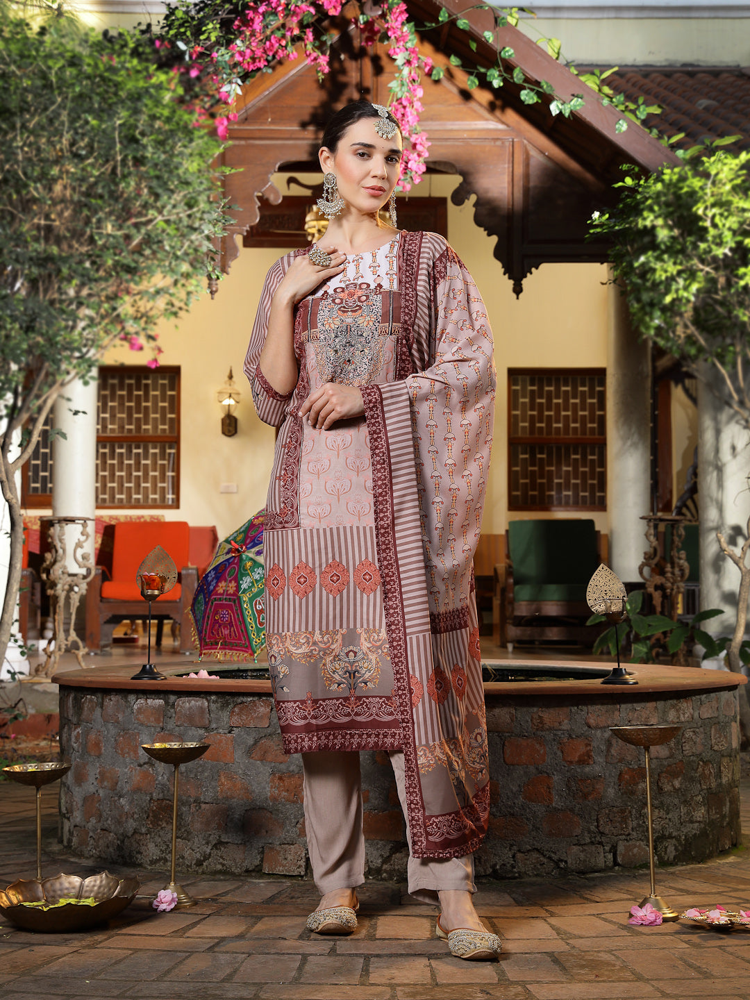Brown Printed & Embroidered Muslin Straight Kurta Pant Dupatta Set