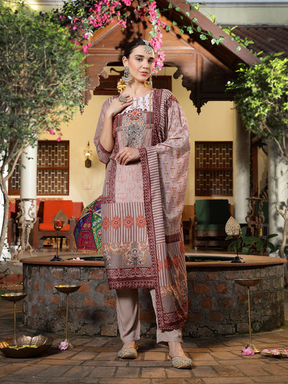 Brown Printed & Embroidered Muslin Straight Kurta Pant Dupatta Set
