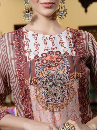 Brown Printed & Embroidered Muslin Straight Kurta Pant Dupatta Set
