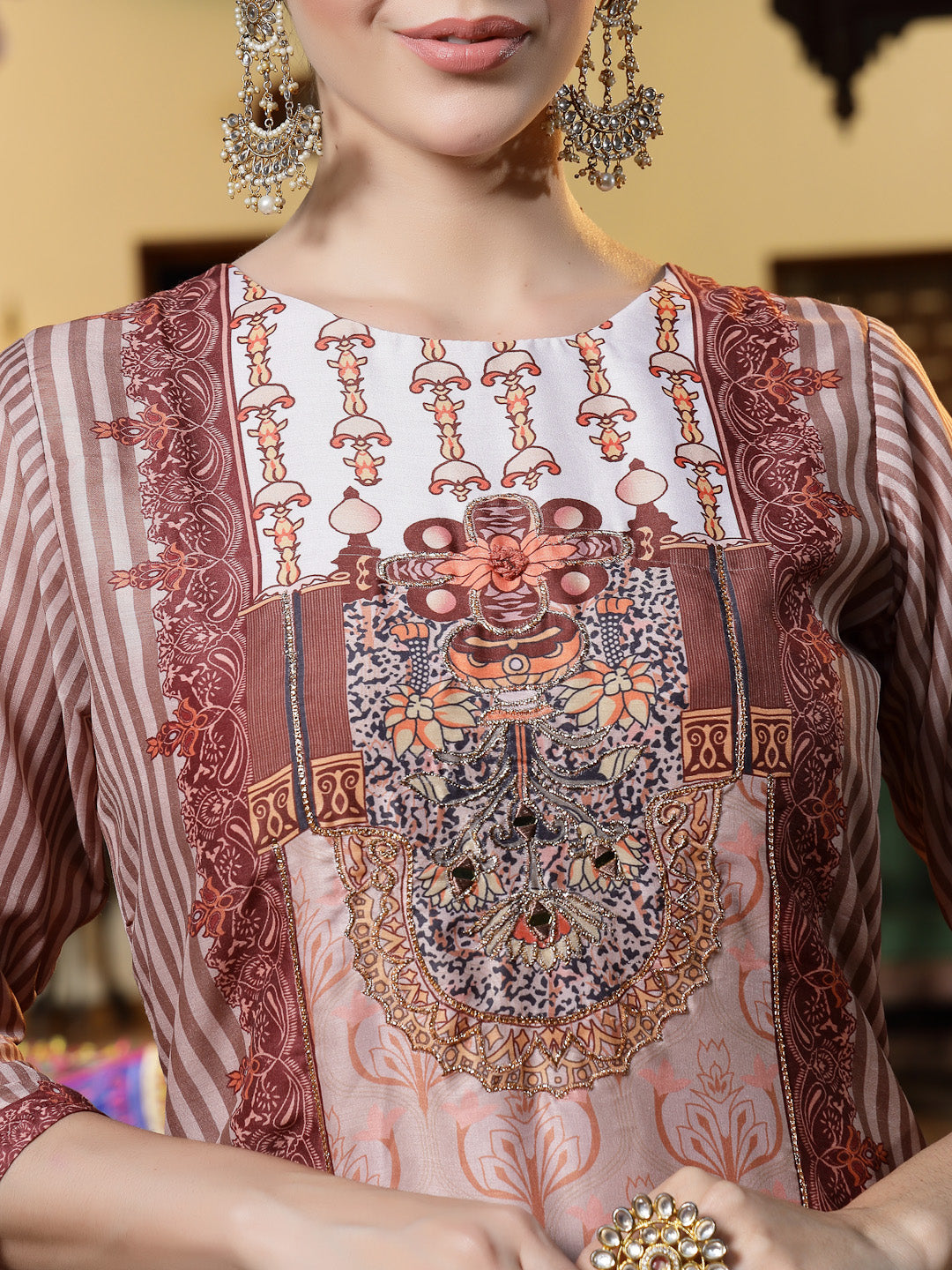 Brown Printed & Embroidered Muslin Straight Kurta Pant Dupatta Set (Pre-Order)