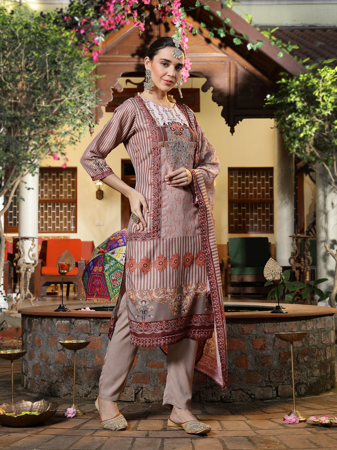 Brown Printed & Embroidered Muslin Straight Kurta Pant Dupatta Set (Pre-Order)