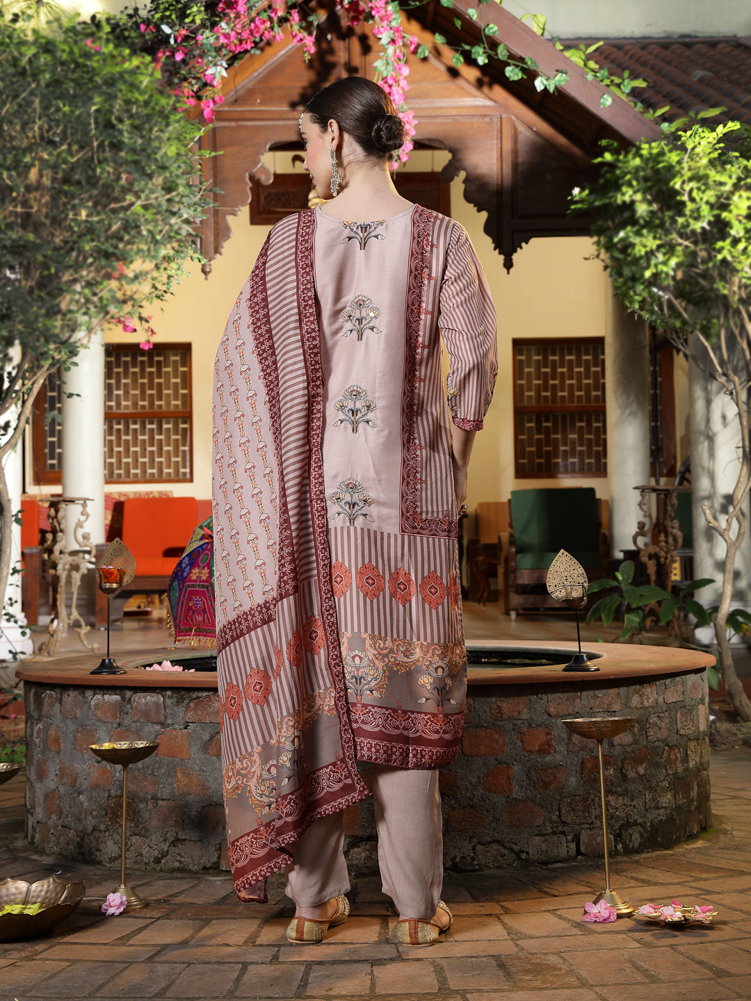 Brown Printed & Embroidered Muslin Straight Kurta Pant Dupatta Set (Pre-Order)