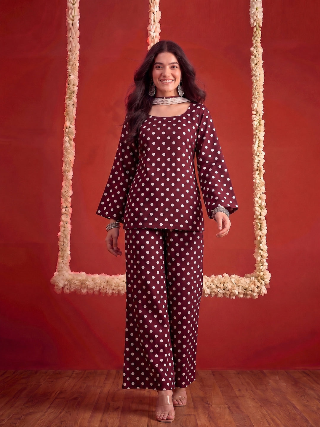 Polka Printed Rayon Straight Short Kurti Pant Dupatta Set