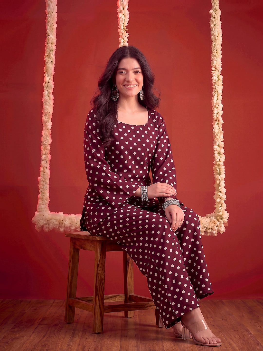Polka Printed Rayon Straight Short Kurti Pant Dupatta Set