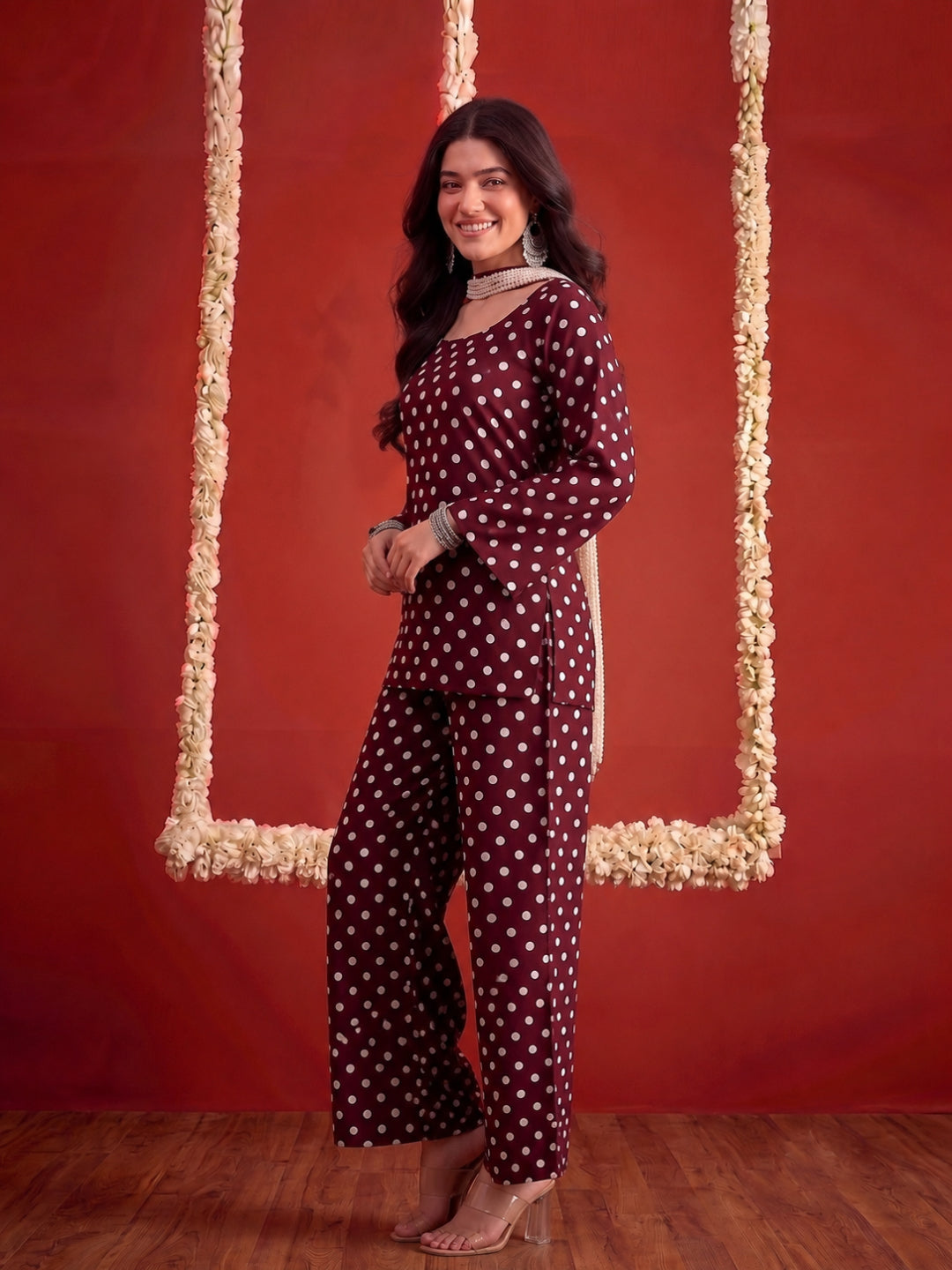 Polka Printed Rayon Straight Short Kurti Pant Dupatta Set