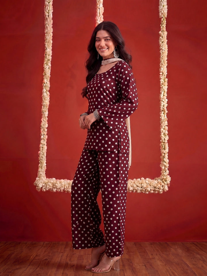 Polka Printed Rayon Straight Short Kurti Pant Dupatta Set