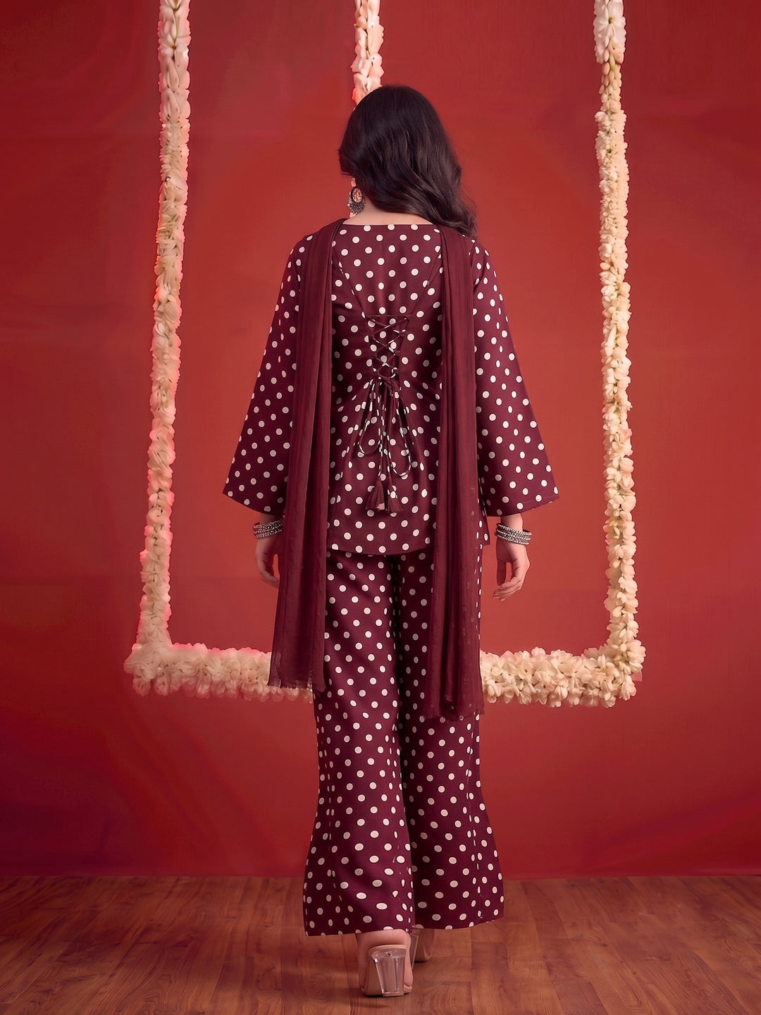 Polka Printed Rayon Straight Short Kurti Pant Dupatta Set