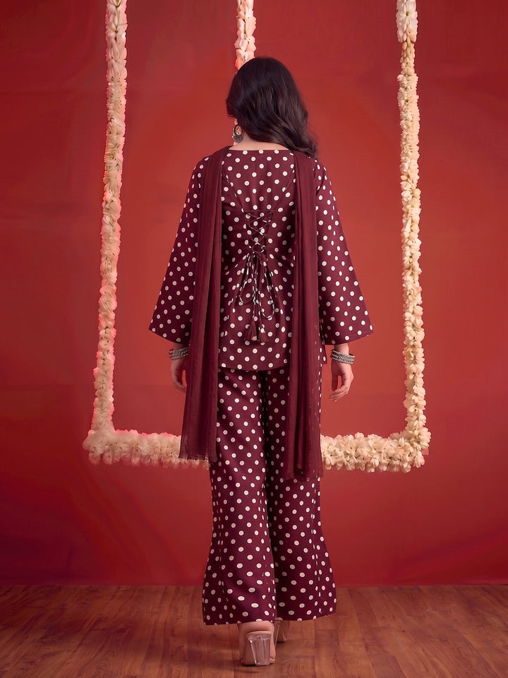 Polka Printed Rayon Straight Short Kurti Pant Dupatta Set