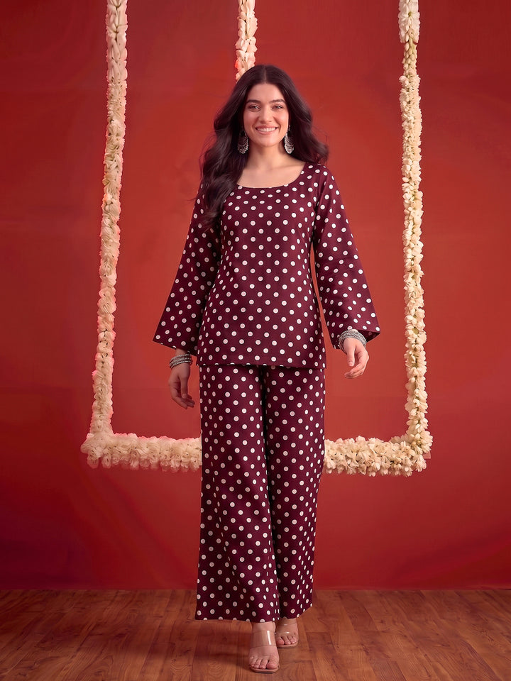 Polka Printed Rayon Straight Short Kurti Pant Dupatta Set
