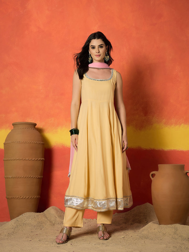 Solid Rayon Anarkali Kurta Pant Dupatta Set