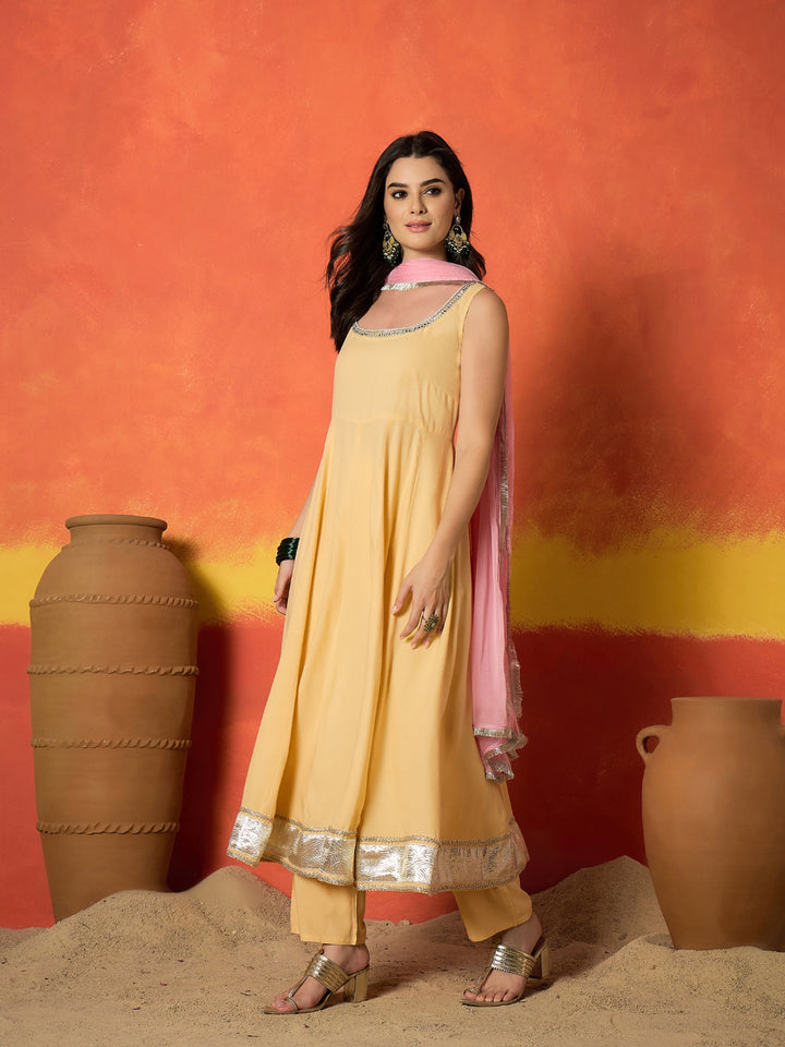 Solid Rayon Anarkali Kurta Pant Dupatta Set